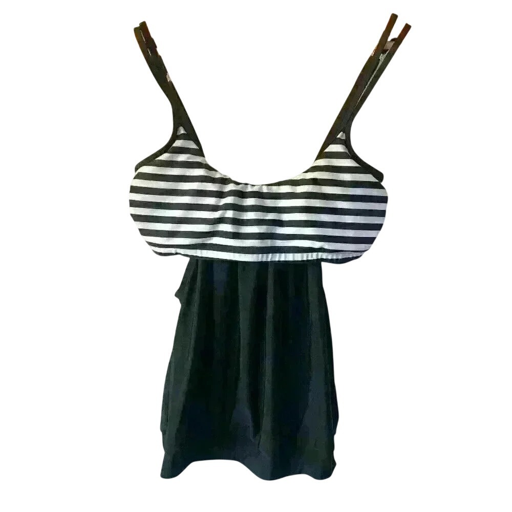 Women's Black White Stripped Two Piece Tankini XL Beachy Spring Summer Vacation
